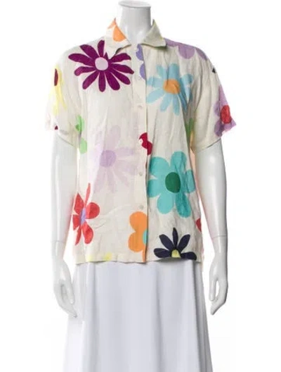 Pre-owned Mira Mikati Linen Floral Print Button-up Top In Multi