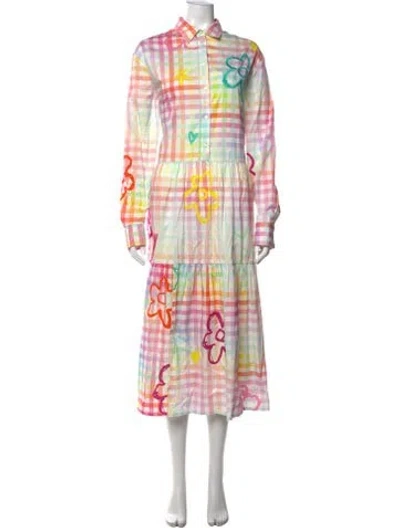 Pre-owned Mira Mikati Plaid Print Long Dress In White
