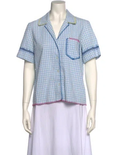 Pre-owned Mira Mikati Plaid Print Short Sleeve Button-up Top In Blue