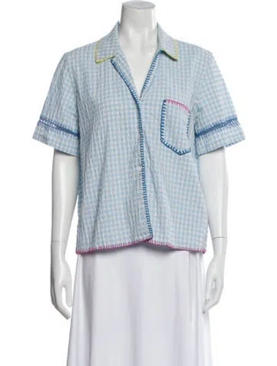 Pre-owned Mira Mikati Plaid Print Short Sleeve Button-up Top In Blue