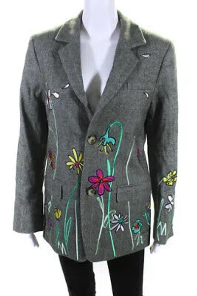 Pre-owned Mira Mikati Womens Embroidered Flower Single Breasted Jacket Blazer Green Eu 34