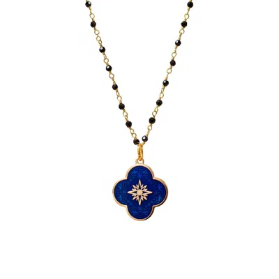 Mirabelle Jewellery Women's Black / Blue Petal Star Cross Enamel Medal Royal Blue On Long Black Onyx Rosary