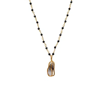 Mirabelle Jewellery Women's Black / Grey Raw Herkimer Diamond Cage Pendant On Long Black Onyx Rosary In Multi