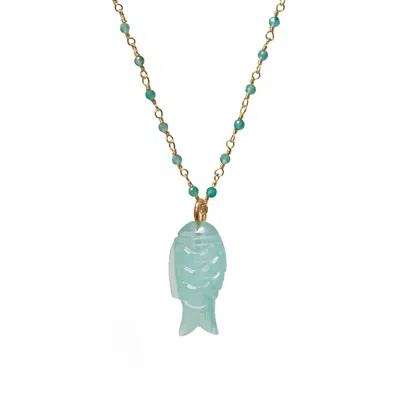 Mirabelle Jewellery Women's Green / Blue Hand Carved Aqua Chalcedony Fish On Short Green Onyx  Rosary