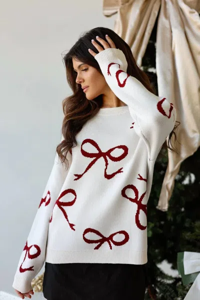 Miracle Colette Coquette Ribbon Knit Bow Sweater In White/red In Multi