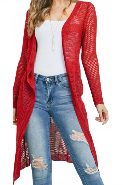 Miracle Long Open Crocheted Cardigan In Red