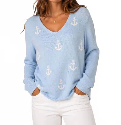 Miracle Women's Anchor V Neck Sweater In Sky Blue