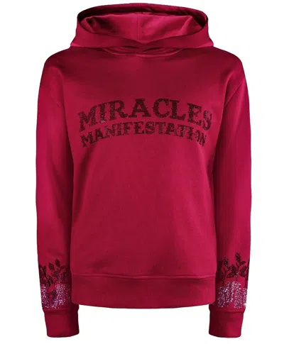Miracles Manifester Women's Positive Affirmation Hoodie With Rhinestone Design - Red