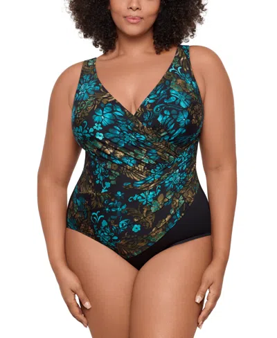 Miraclesuit Plus Size Flor De Mar Oceanus Tummy-control One-piece Swimsuit In Black Multi