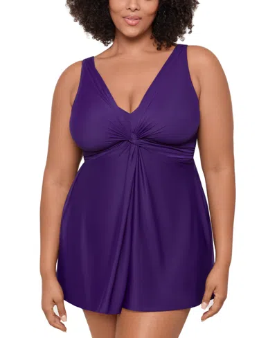 Miraclesuit Plus Size Marais Allover-slimming Twist-front Swimdress In Mulberry