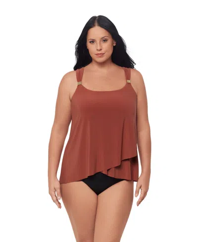Miraclesuit Plus Size Razzle Dazzle Asymmetrical-drape Tankini Top In Brown