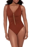 Miraclesuit ® Razzle Dazzle Zip-up One-piece Swimsuit In Brown