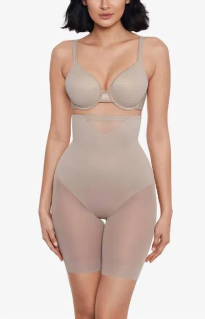 Miraclesuit Sexy Sheer Shaping Hi-waist Thigh Slimmer In Stucco In Brown