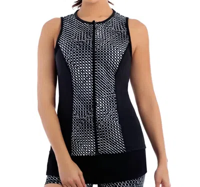 Miraclesuit Shimmer Bay Active Sleeveless Full Zip Rash Guard In Black White
