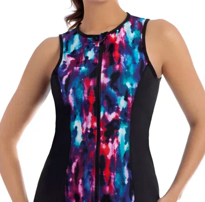Miraclesuit Shimmer Bay Active Sleeveless Full Zip Rash Guard In Mir Black Purple In Multi