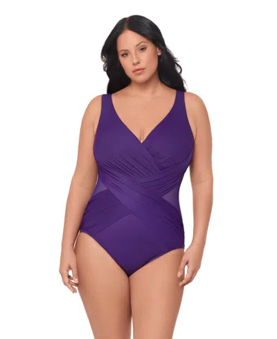 Miraclesuit Women's Plus Illustionists Crossover Tummy Control One Piece Swimsuit In Purple
