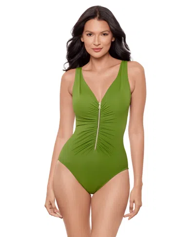 Miraclesuit Women's Razzle Dazzle Tummy-control Zip-front One-piece Swimsuit In Green