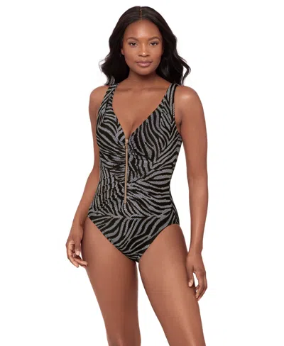 Miraclesuit Women's Zirconic Zipt Tummy Control Printed One-piece Swimsuit In Gray