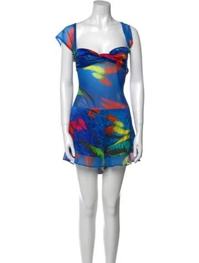 Pre-owned Mirae Silk Printed Romper In Blue