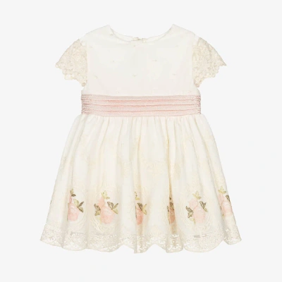 Miranda Babies' Girls Ivory & Pink Embroidered Tulle Dress