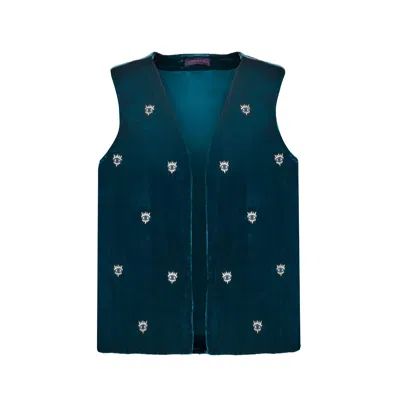Mirayama Blue The All Eyes On You Mens Silk Velvet Vest With Embroidered Eyes In Green