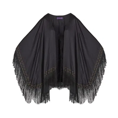 Mirayama Gold / Black The Nomad Mens Silk Poncho With Fringes/tassels And Embroidery In Gold/black