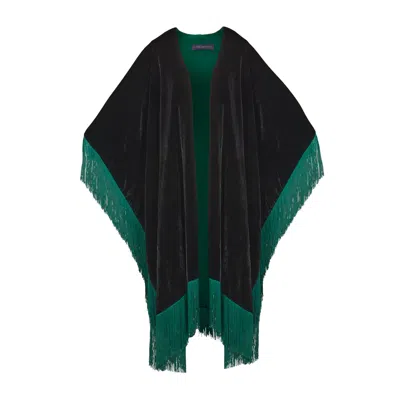 Mirayama Women's Green / Black The Gypset Silk Velvet Poncho With Fringes/tassels In Green/black