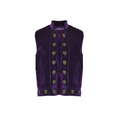 Mirayama Women's Pink / Purple The 'eye To Eye' Silk Velvet Vest With Embroidered Borders In Blue