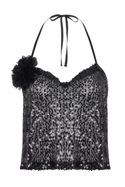 Mirel Prentice Open Back Sequin Top With Flower Brooch In Black