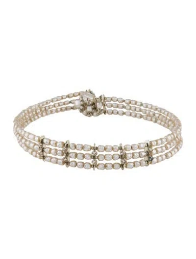 Pre-owned Miriam Haskell Faux Pearl & Crystal Choker Necklace, 10" In Multi