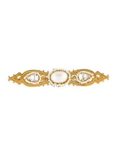 Pre-owned Miriam Haskell Faux Pearl & Crystal Ornate Brooch In White