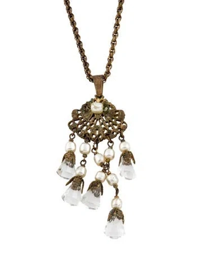 Pre-owned Miriam Haskell Faux Pearl & Crystal Pendant Necklace, 25" In White