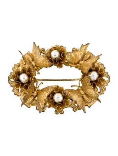 Pre-owned Miriam Haskell Faux Pearl Butterfly Floral Pin Brooch In White