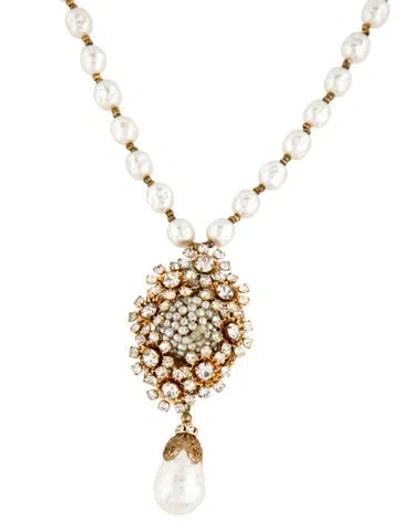 Pre-owned Miriam Haskell Vintage Faux Pearl & Crystal Bead Strand Choker Necklace In White