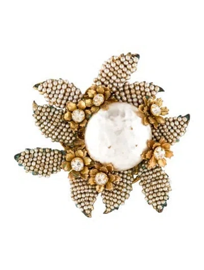 Pre-owned Miriam Haskell Vintage Faux Pearl & Crystal Pin Brooch In White
