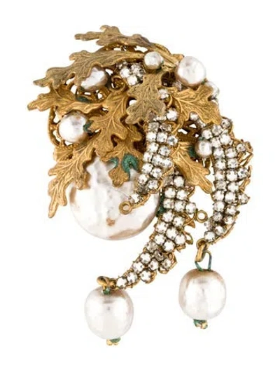 Pre-owned Miriam Haskell Vintage Faux Pearl &crystal Pin Brooch In White
