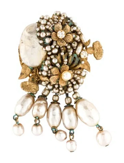 Pre-owned Miriam Haskell Vintage Faux Pearl, Crystal, & Bead Pin Brooch In White