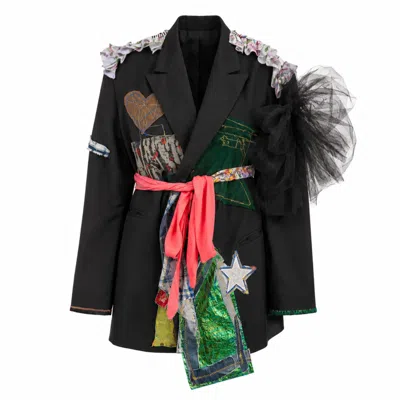 Miro Misljen Women's Black Avant-garde Patchwork Blazer – Upcycled Art Jacket - One Size