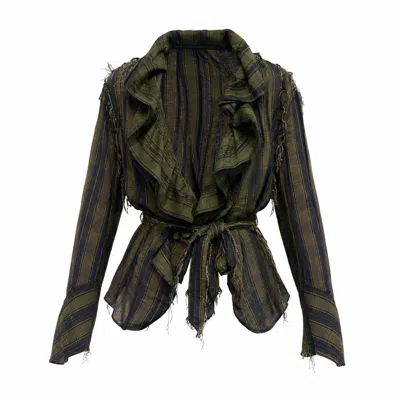 Miro Misljen Women's Green Deconstructed Plaid Ruffle Blouse