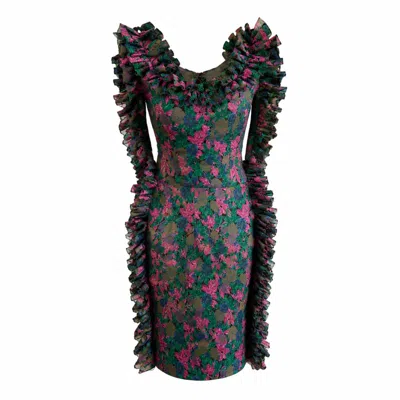 Miro Misljen Women's Green / Pink Floral Ruffle Dress In Multi
