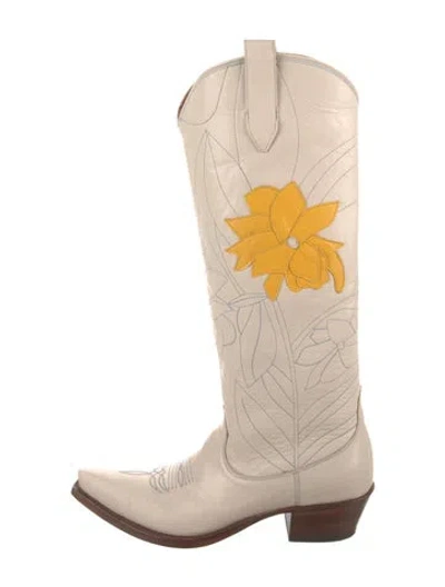 Pre-owned Miron Crosby Leather Floral Print Riding Boots In Neutral