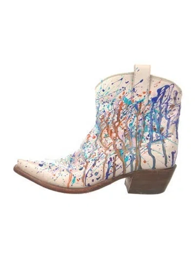 Pre-owned Miron Crosby Leather Floral Print Western Boots In Blue