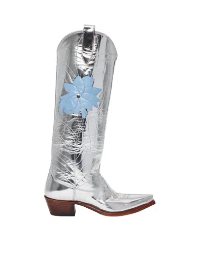 Miron Crosby Preloved Women's Kristin Mirrored Boots With Denim Blue Leather Daffodil In Silver