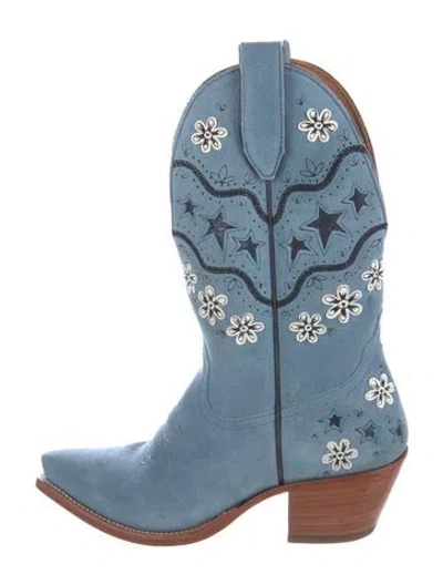 Pre-owned Miron Crosby Suede Floral Print Western Boots In Blue