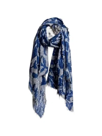 Mirror In The Sky Leaf-pattern Frayed Scarf In 블루