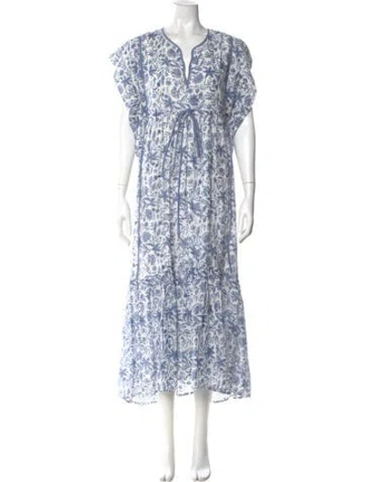Pre-owned Mirth Caftans Floral Print Long Dress In Blue