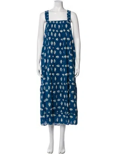 Pre-owned Mirth Caftans Floral Print Long Dress In Blue