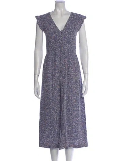 Pre-owned Mirth Caftans Floral Print Long Dress In Blue