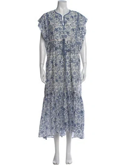 Pre-owned Mirth Caftans Floral Print Long Dress In Blue