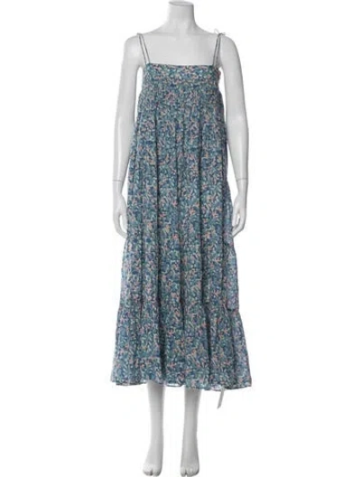 Pre-owned Mirth Caftans Floral Print Long Dress In Blue